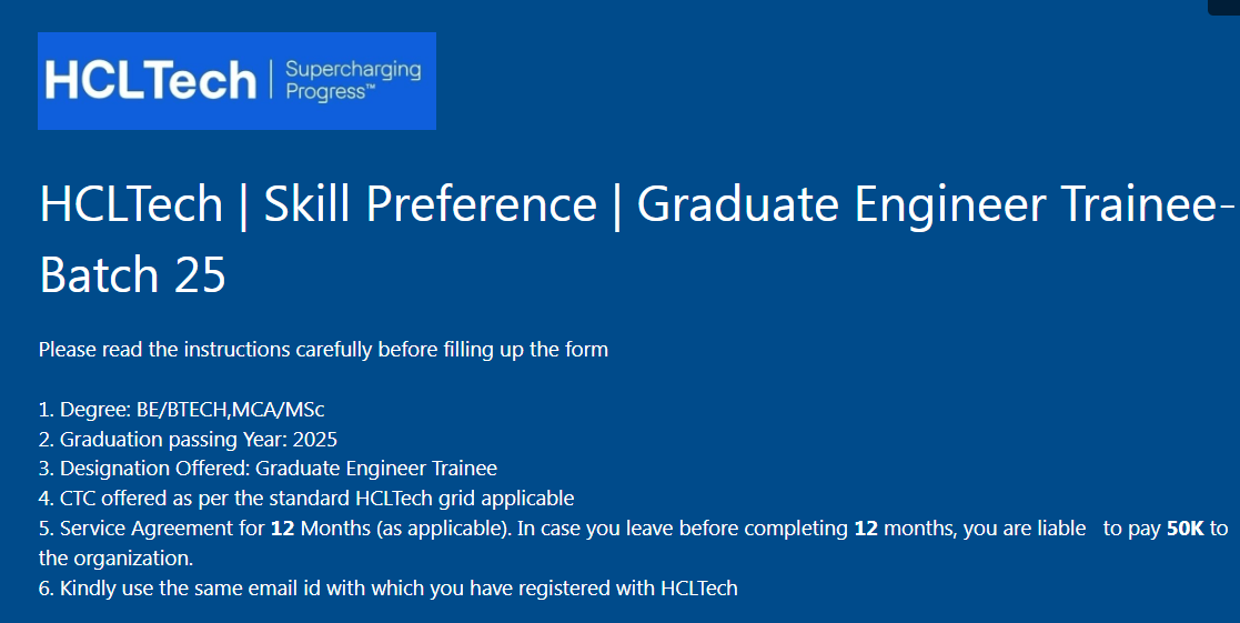 HCLTech Off-Campus Hiring For Graduate Engineer Trainee